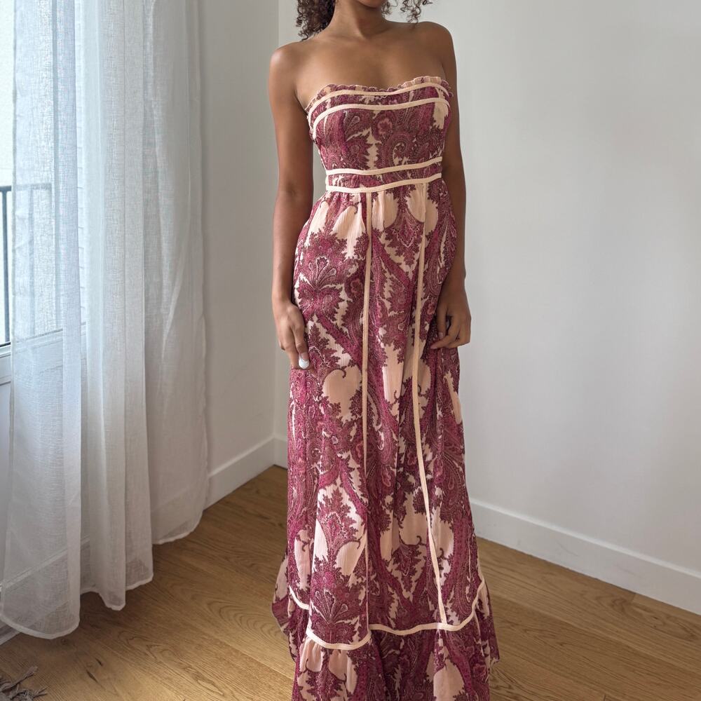 Contemporary Strapless Paisley Mesh Maxi Dress Burgundy Sheer Panel (M)